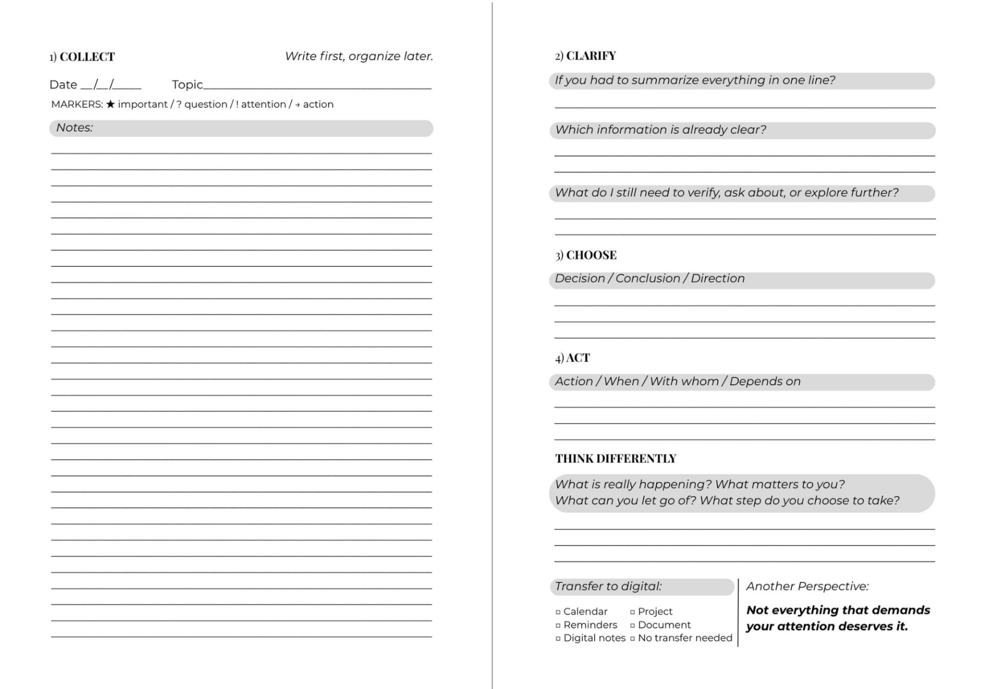 THINK BETTER inside pages: Collect, Clarify, Choose, Act